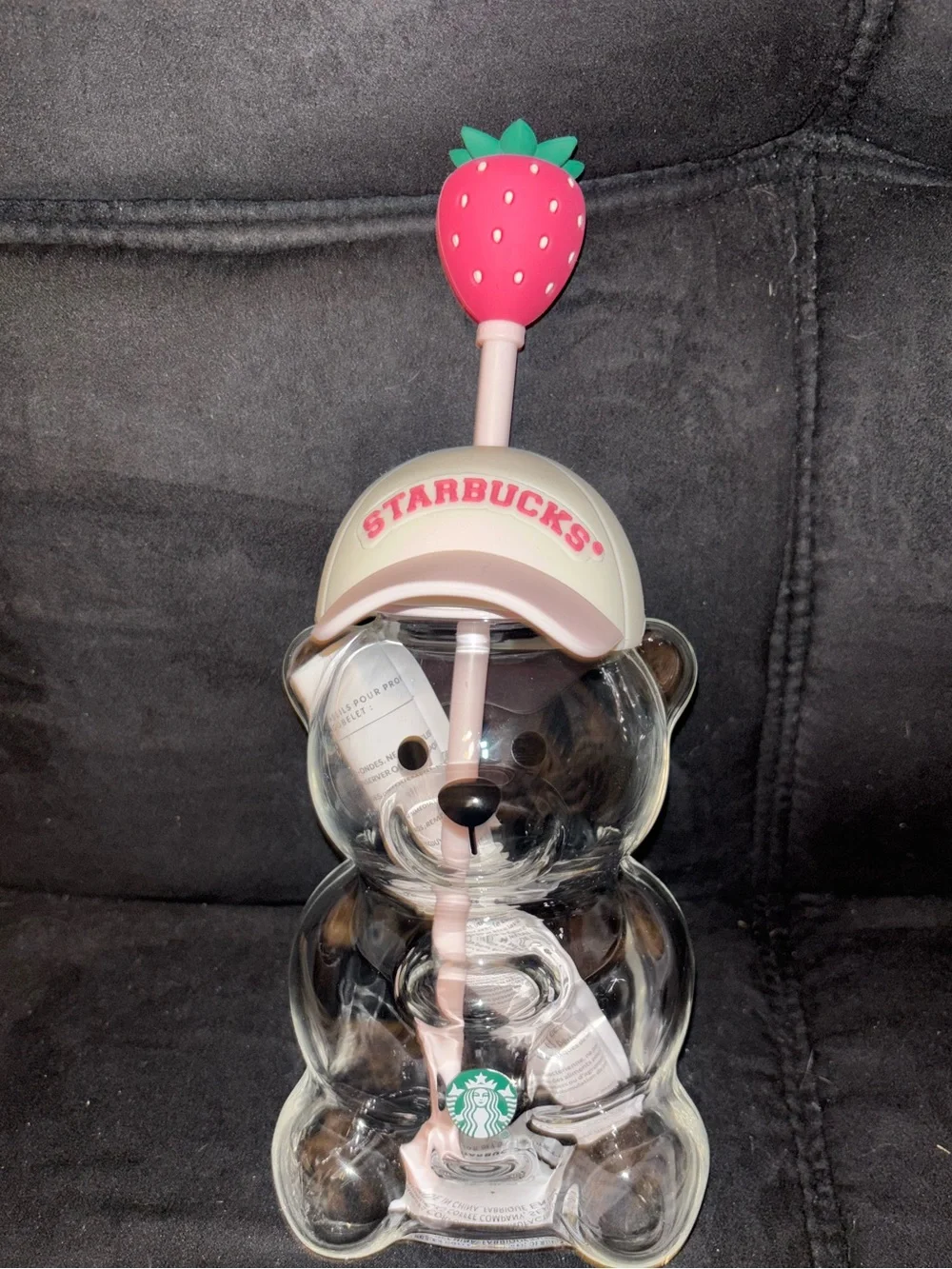 Starbucks Pink Bearista Clear Bear Tumbler with Pink Lid and Strawberry Topper